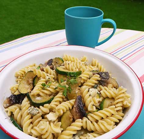 Oozy Blue Cheese Pasta with mushrooms and courgettes