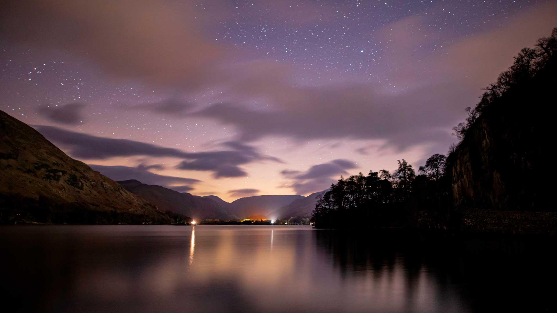 View over Ullswater at night 