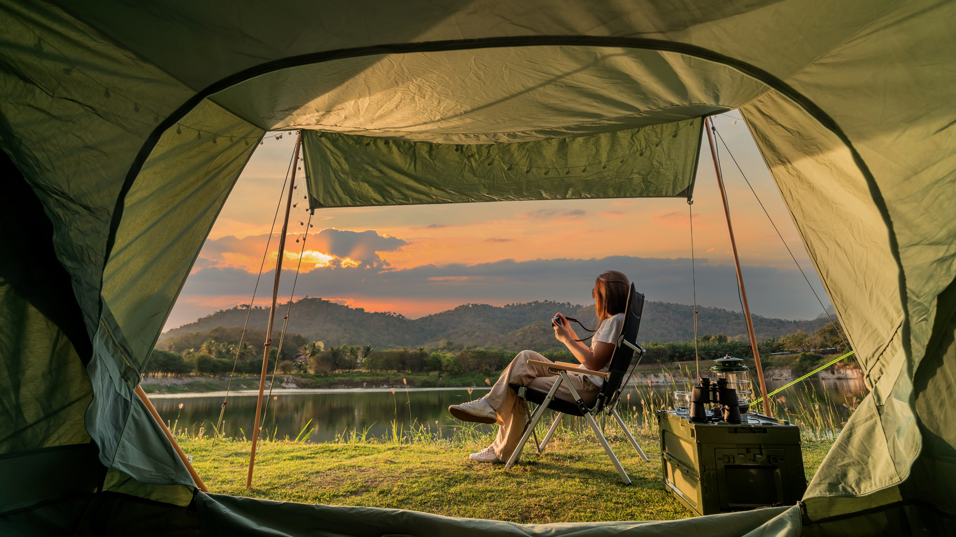lady relaxing outside tent