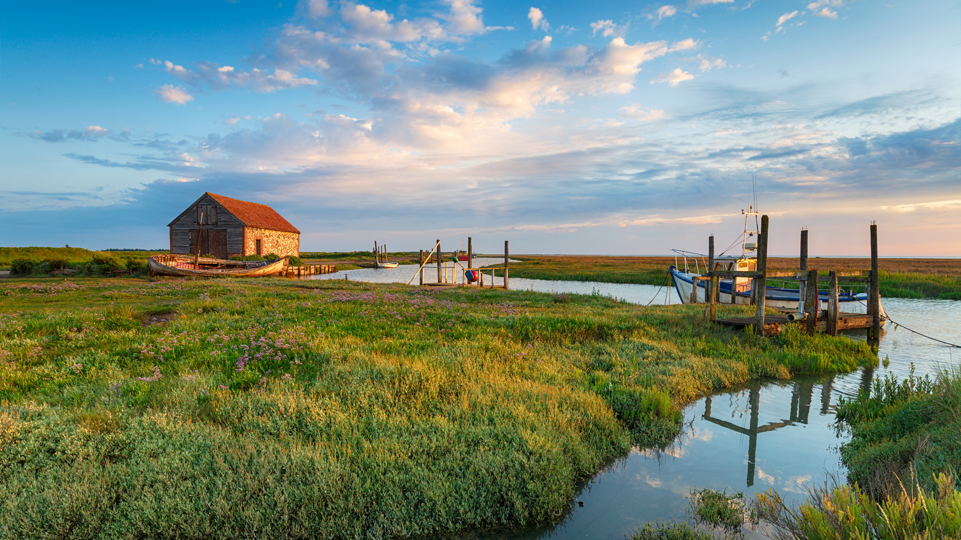 Picturesque old harbour and salt marshes at Thornham, Norfolk.