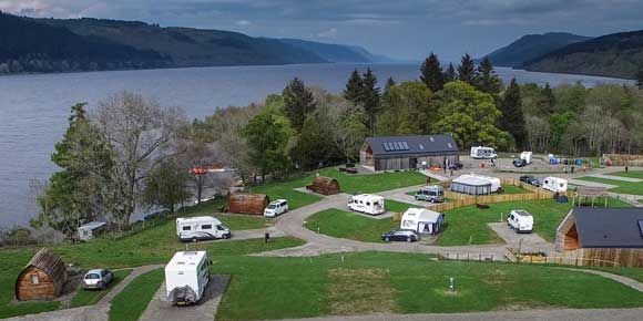 Aerial views of the stunning Loch Ness Shores campsite, campsites in Scotland